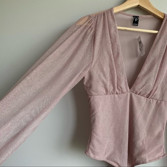 Windsor Pink Sparkle Sequin Bodysuit Puff Sleeve M - Picture 3 of 8